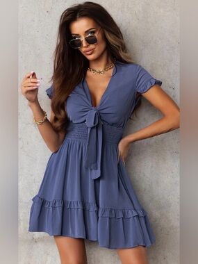 Slate Blue Ruffled Lightweight Dress